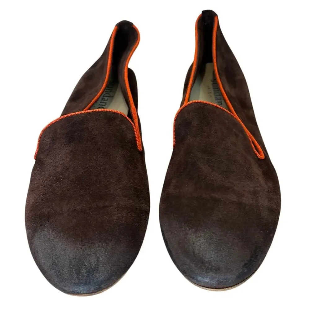 Sundance Brown Smoking Flats Shoes Size 39 8.5  Suede Leather Orange Trim Preppy